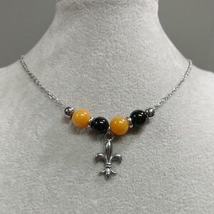 Fleur De Lis Onyx Jade Bead Necklace Natural Gemstone Louisiana Black & Gold